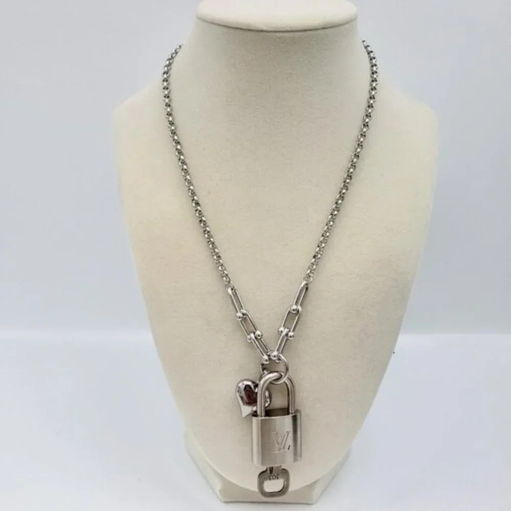 Stainless Steel Silver-Plated Necklace with Authentic Louis Vuitton Padlock - Picture 9 of 12
